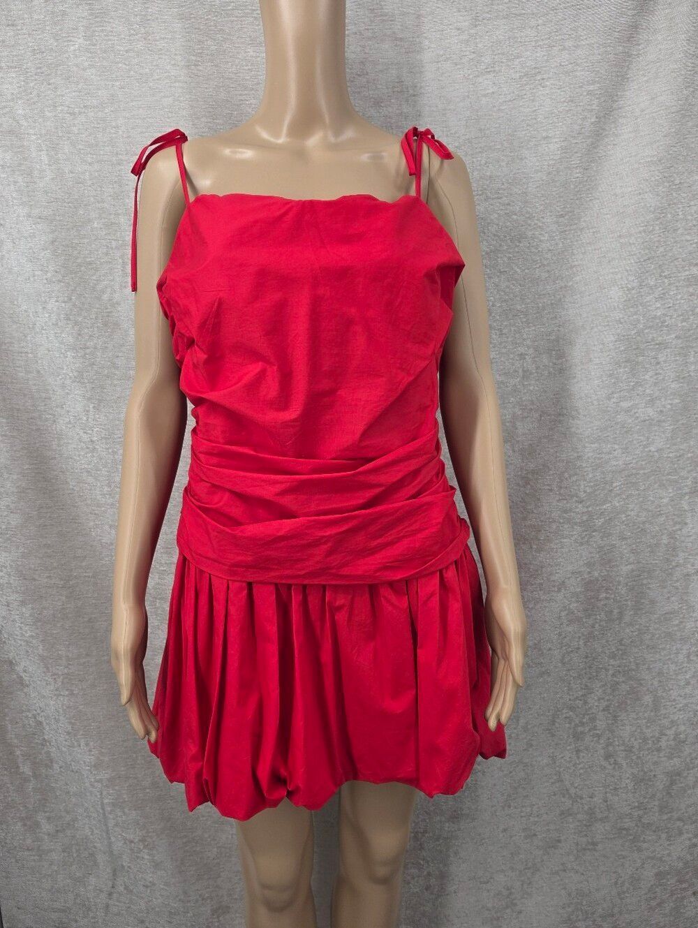Le Lis Red Poplin Cotton Ruched Bubble Hem Mini Dress
